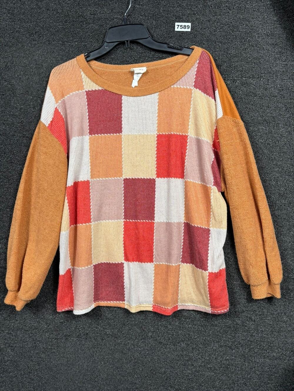 Bibi Plaid Knit Sweater Womens Size M Tan Multi Long Sleeve Scoop Neck Oversized